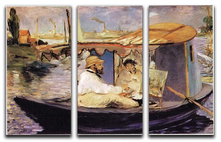 Three-panel canvas art featuring Claude Monet's Dans Son Bateau Atelier 1874, showcasing vibrant colors and intricate details.